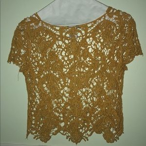yellow mustard crochet lace crop top short sleeve